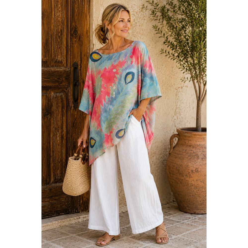 Handmade Silk Art To Wear Peacock Feather Blouse Oversized Boho Resort Size XL